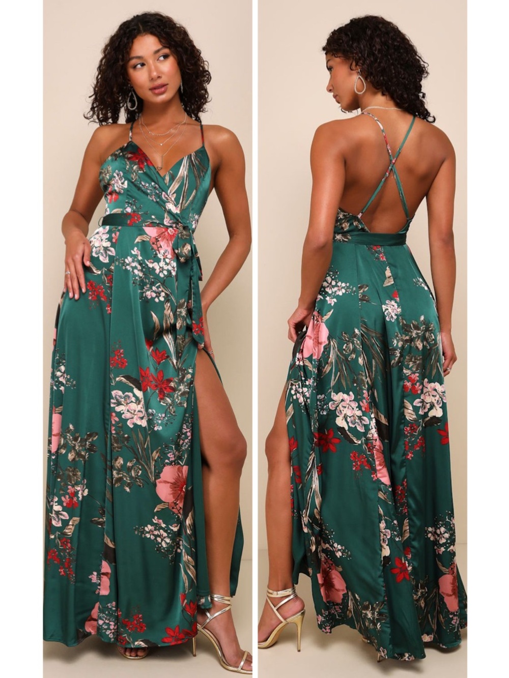 Lulus Still the One Emerald Green Floral Print Satin Maxi Dress Size Large NWT